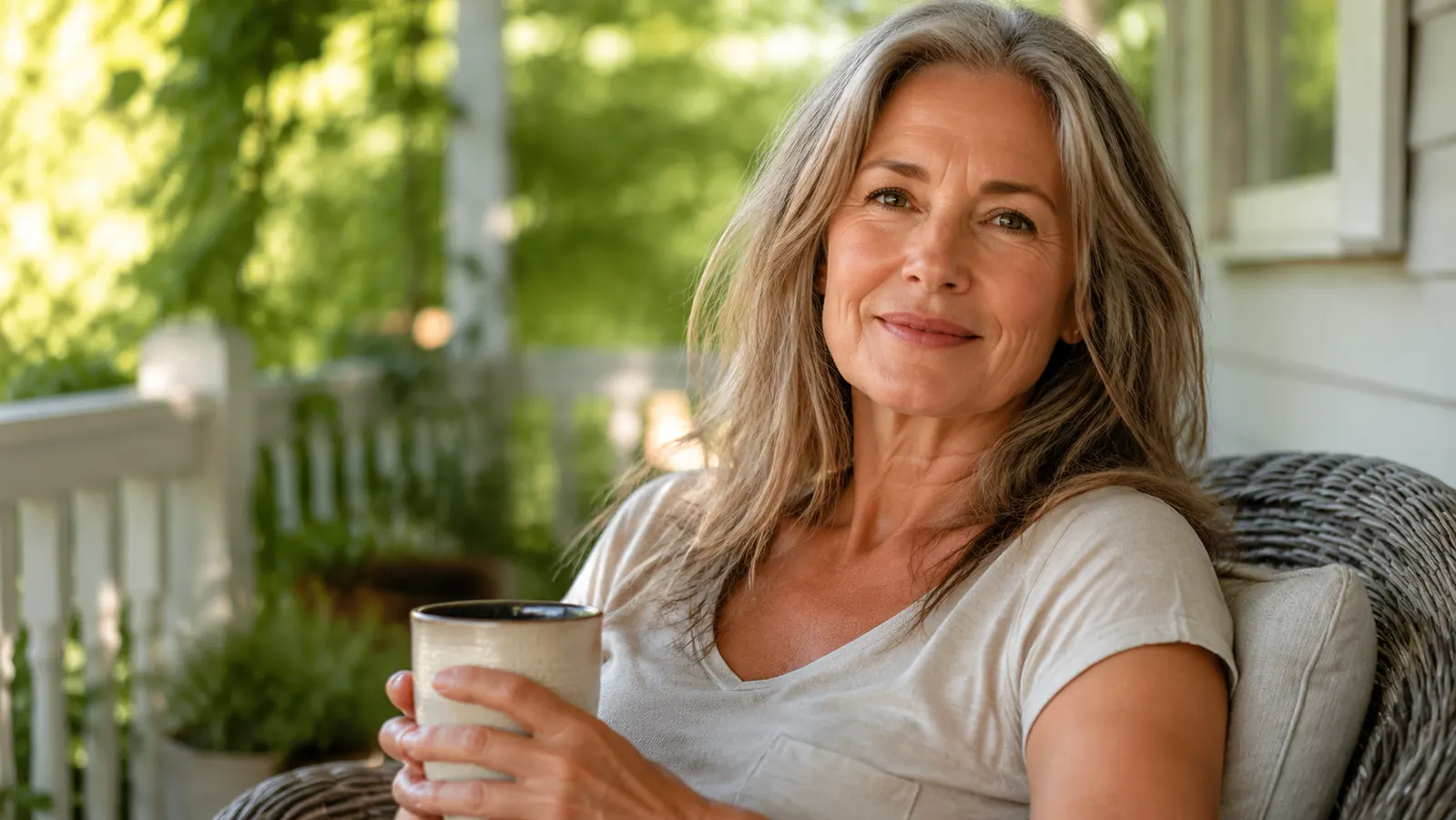 Woman with healthy glowing skin enjoying morning coffee outdoors on a porch, relaxed and content