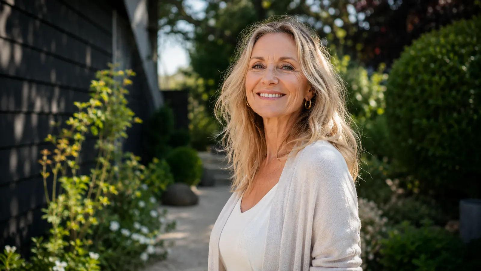 Woman over 50 applying sunscreen lotion to her face in bright morning light near a window