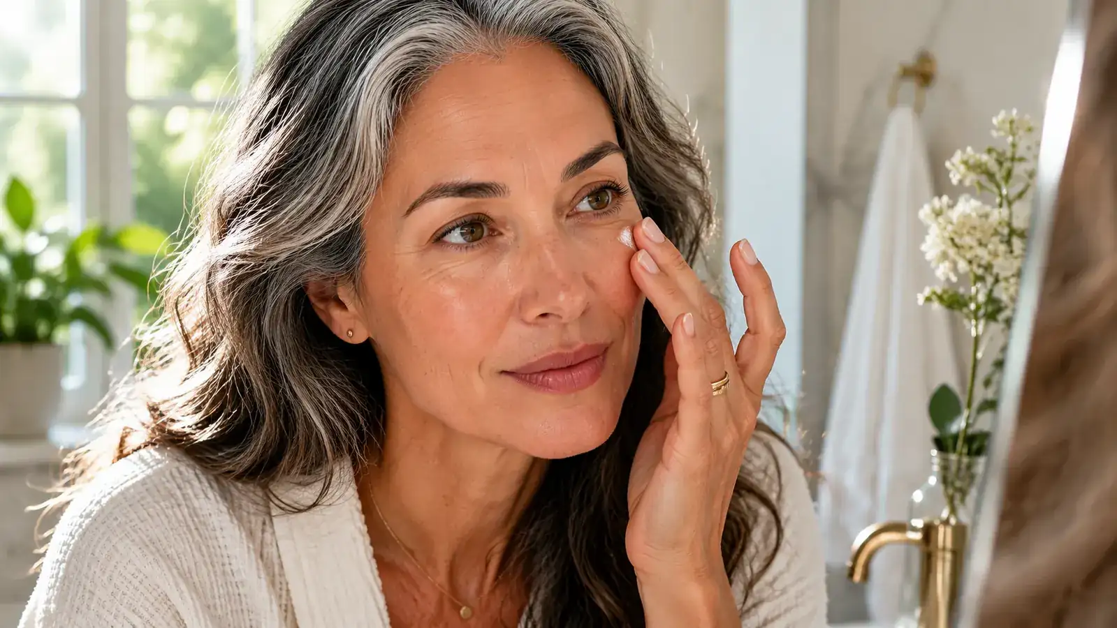Woman applying eye cream with her ring finger to the under-eye area, gentle tapping motion, bathroom setting