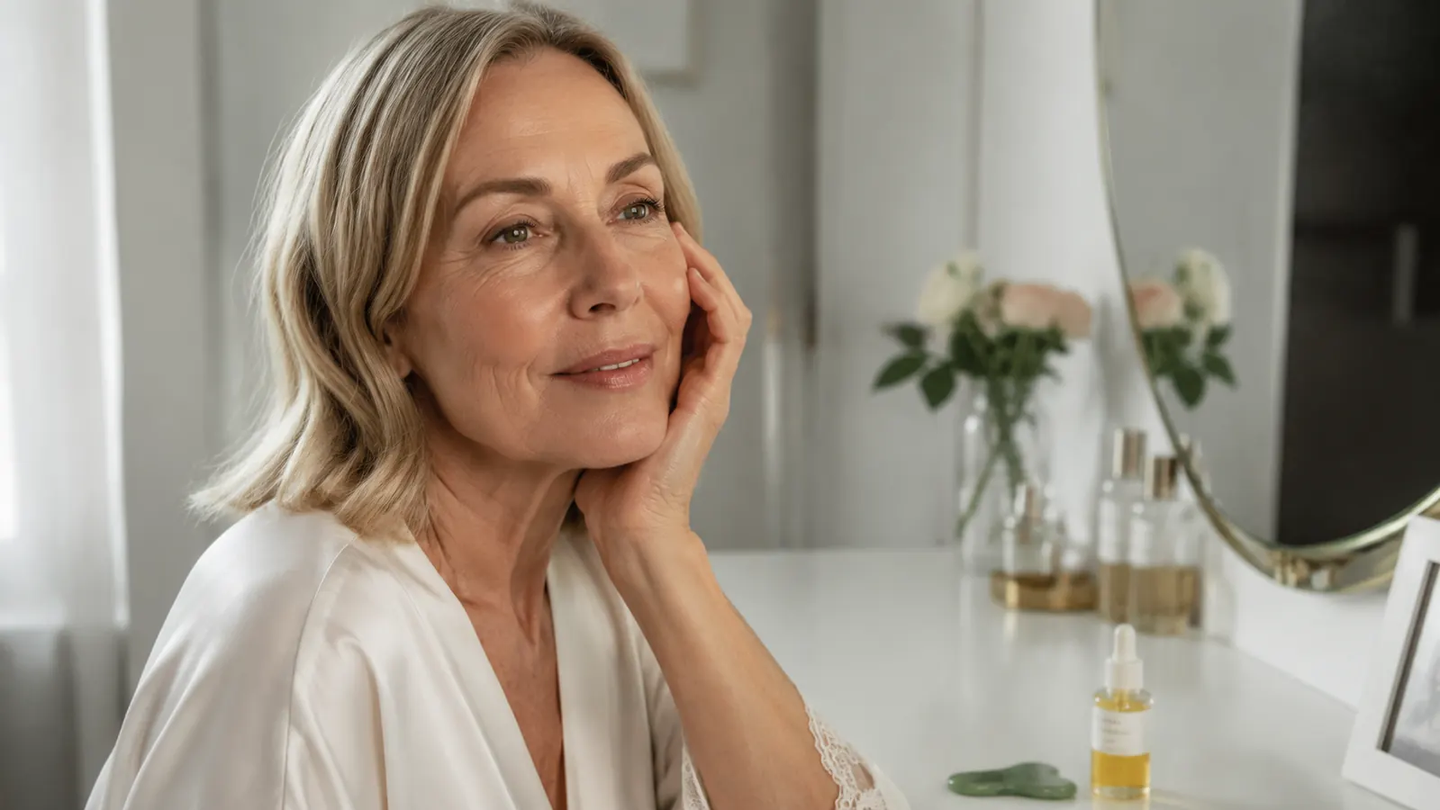 Woman smiling and applying facial oil before gua sha massage on her cheekbones