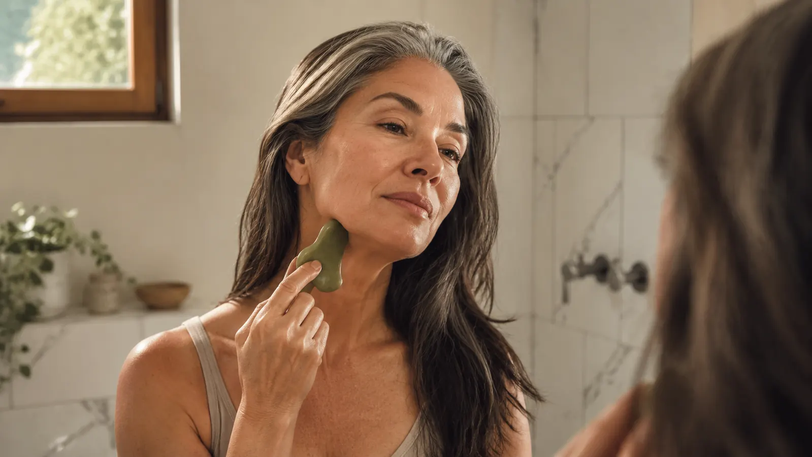 Woman over 50 using a jade gua sha stone along her jawline in soft morning bathroom light