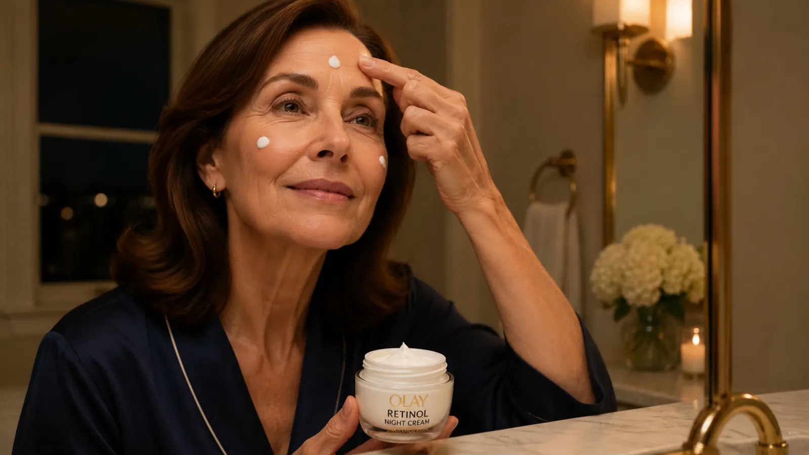 Olay Retinol Night Cream jar open on a marble bathroom counter beside a towel