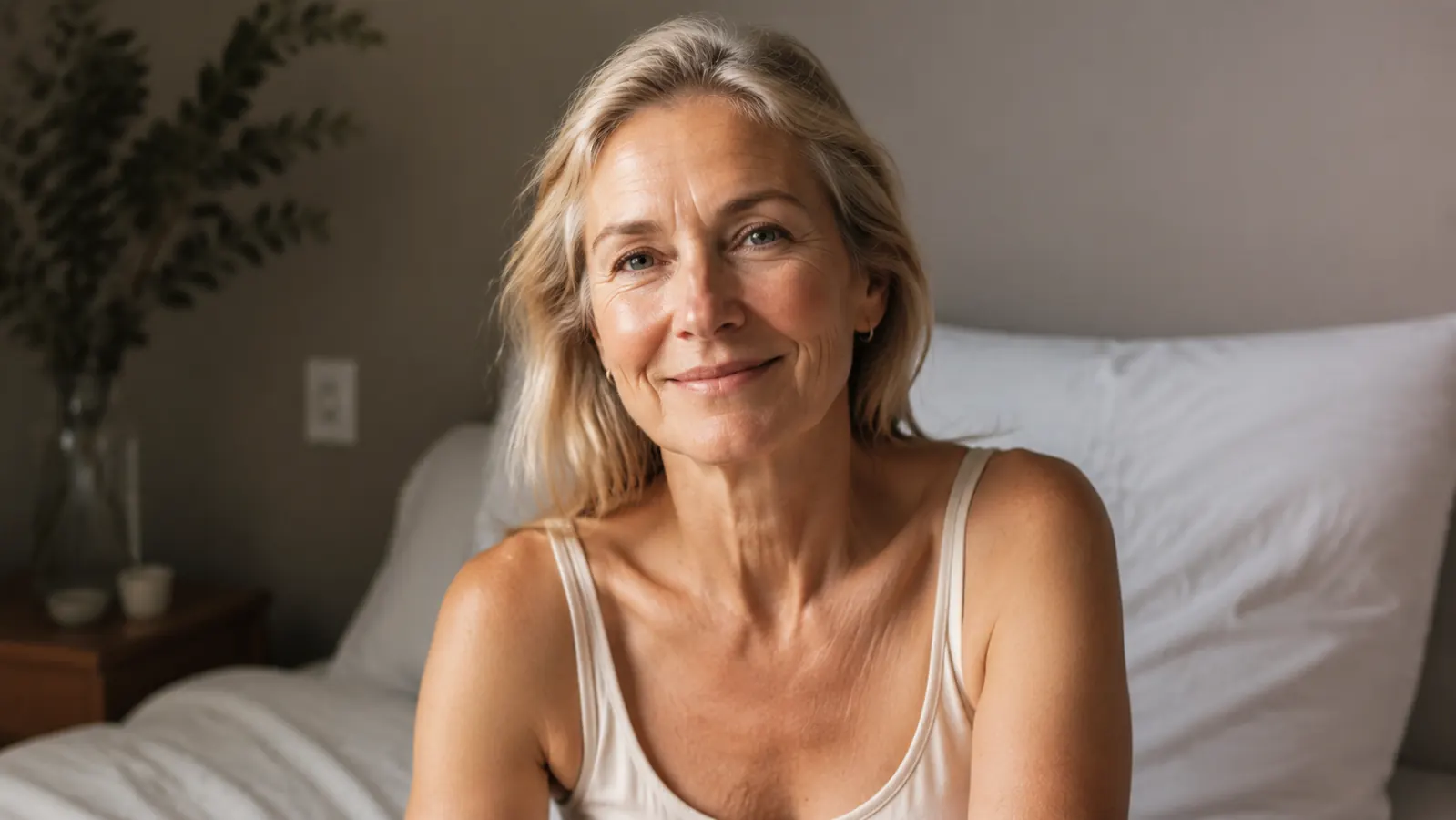 Woman in her 50s applying night cream in bathroom mirror with soft warm lamp light