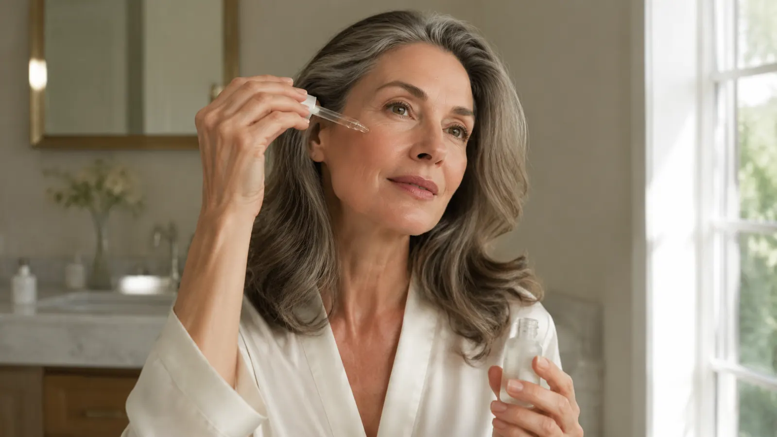Close-up of a woman over 50 gently pressing a serum dropper to her cheek in warm morning bathroom light
