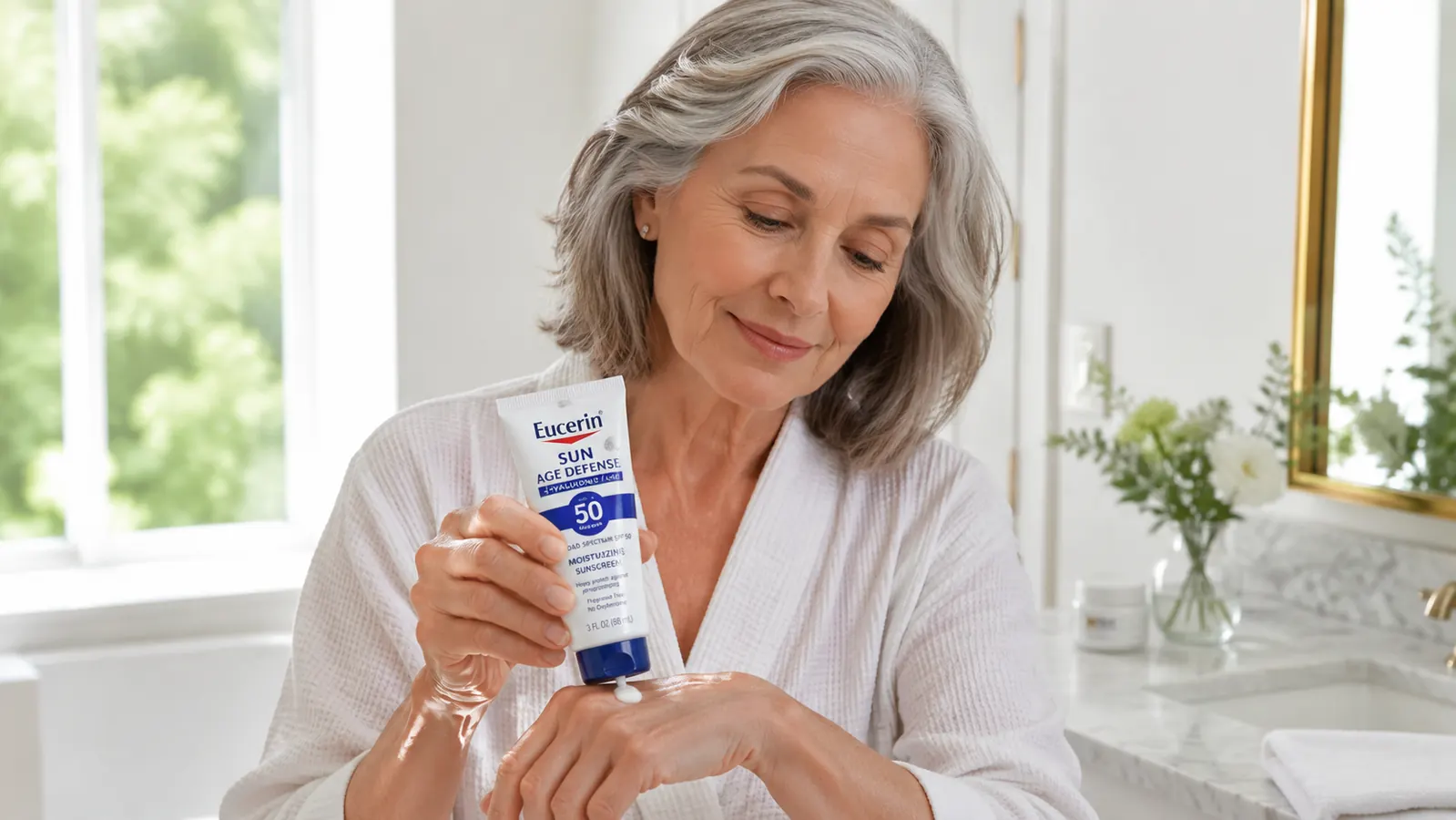 Eucerin Sun Age Defense SPF 50 bottle held in a woman's hand near a window with natural daylight