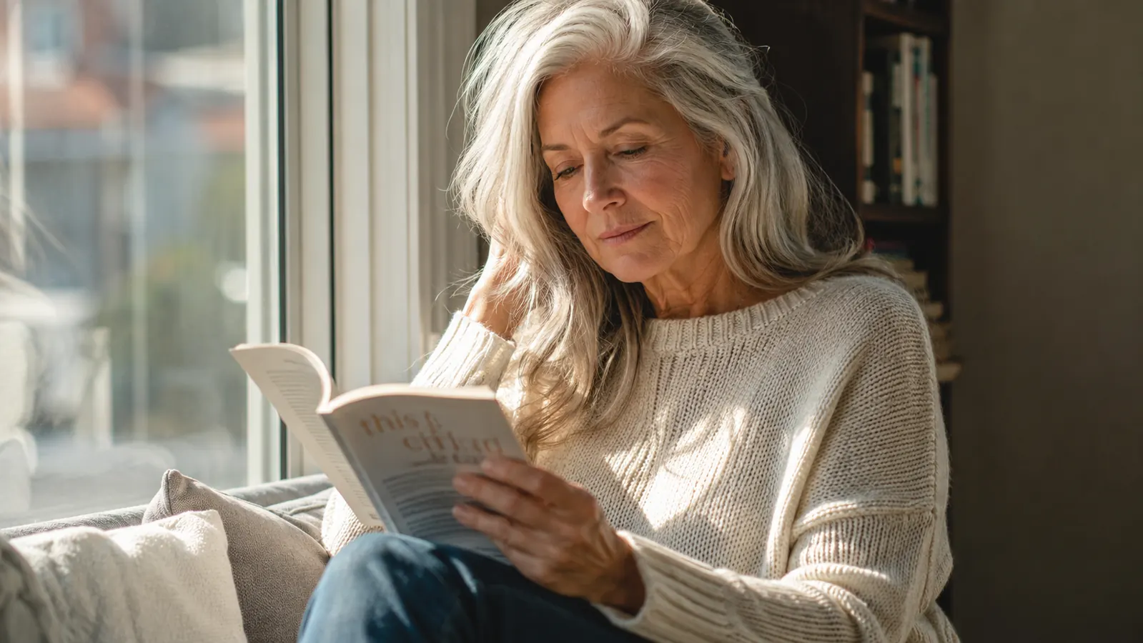 Woman in her early 60s outdoors on a shaded porch reading, skin looking calm and even-toned, no heavy makeup