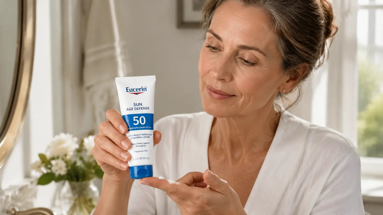 Hand holding the Eucerin Sun Age Defense SPF 50 bottle, dispensing a small pump of lotion onto fingertips