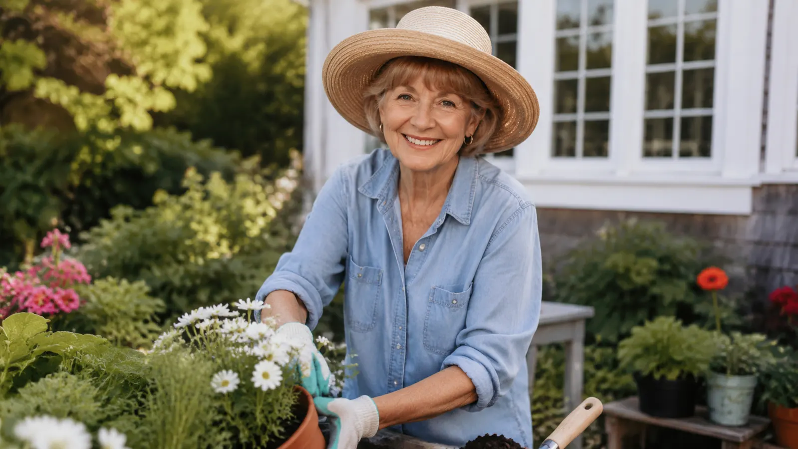 Woman over 50 outdoors in a garden on a sunny afternoon, smiling, skin appearing even-toned and healthy