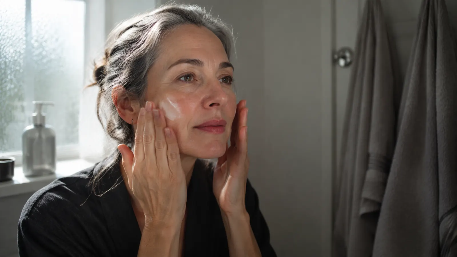 Woman in her late 50s applying sunscreen on her face near a bright window in the morning, warm natural light