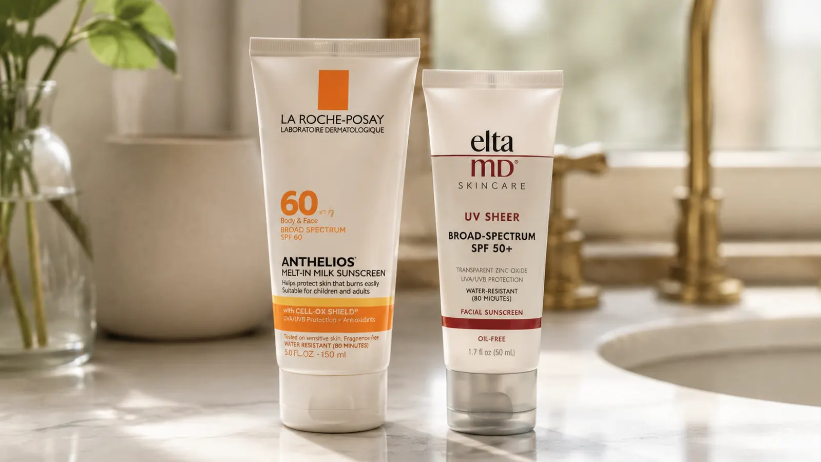 Woman over 50 applying sunscreen lotion to her face in bright morning light at a bathroom vanity