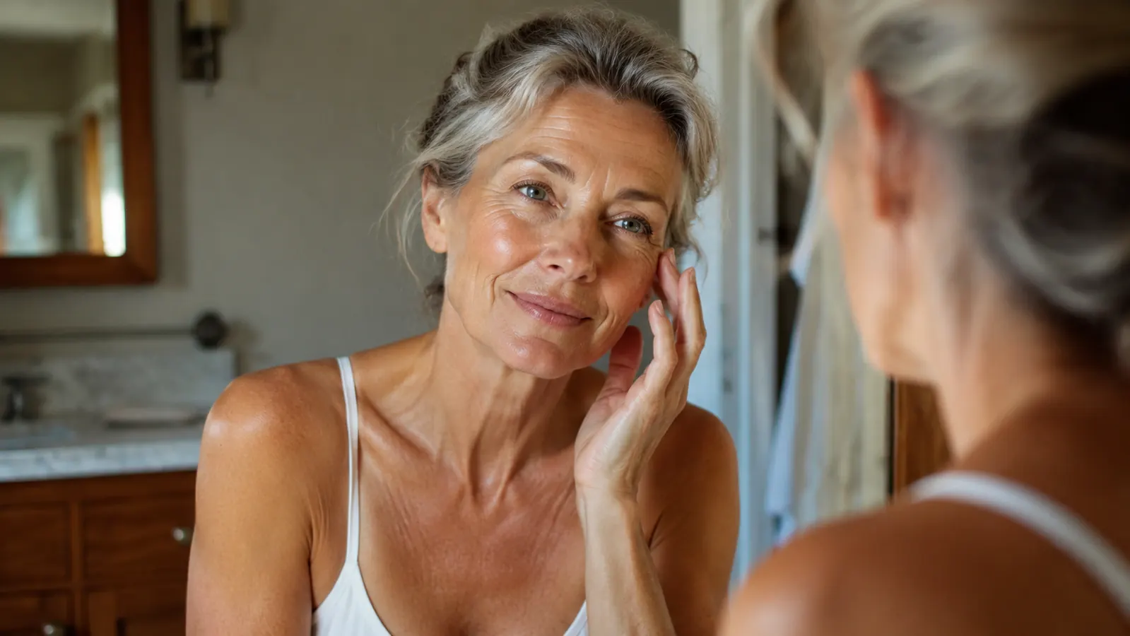 Two women in their 50s talking over coffee at a kitchen table, one gesturing in a friendly confiding way