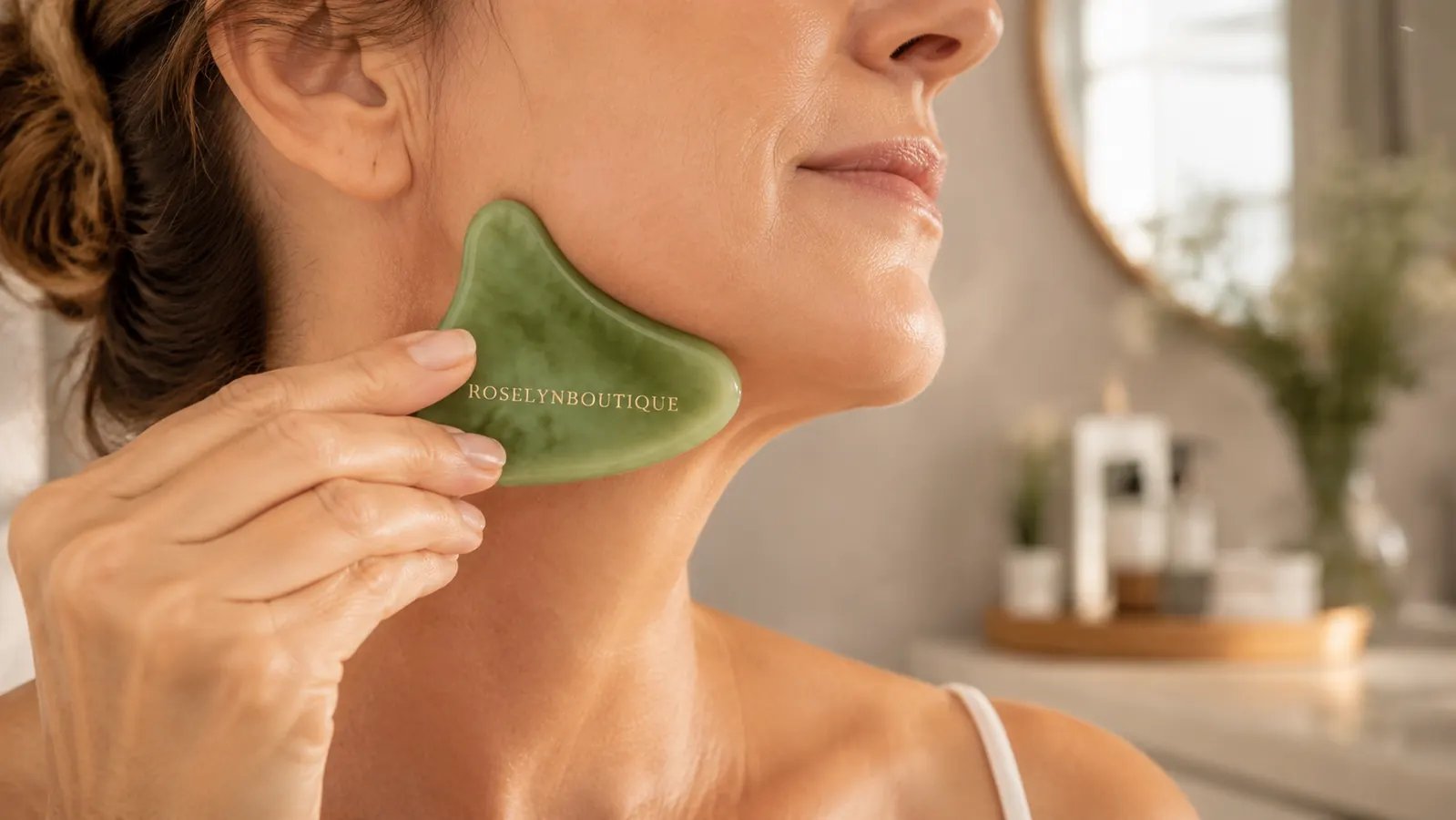 Mature woman's hand holding the ROSELYNBOUTIQUE green jade gua sha stone against her jawline, bathroom counter in soft focus behind her
