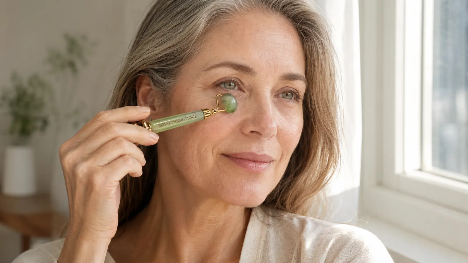 Woman using the jade roller under her eye area near a bright window, relaxed expression, mature skin visible