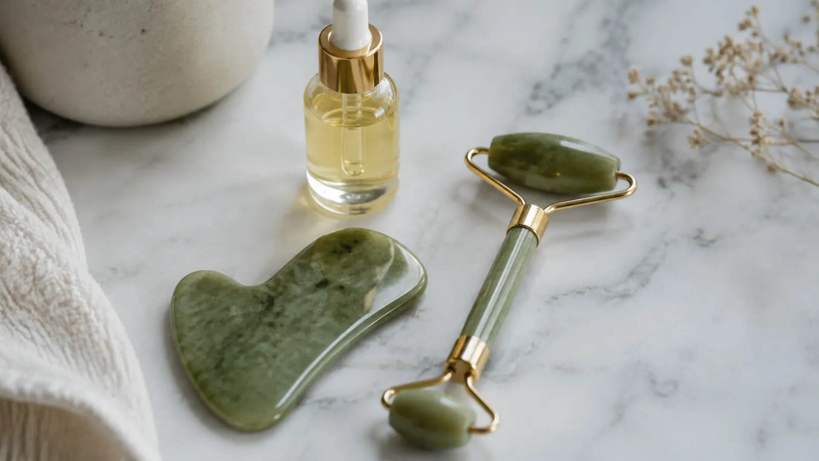 Green jade gua sha tool and jade roller resting on a white marble surface next to a small glass serum bottle, soft natural light