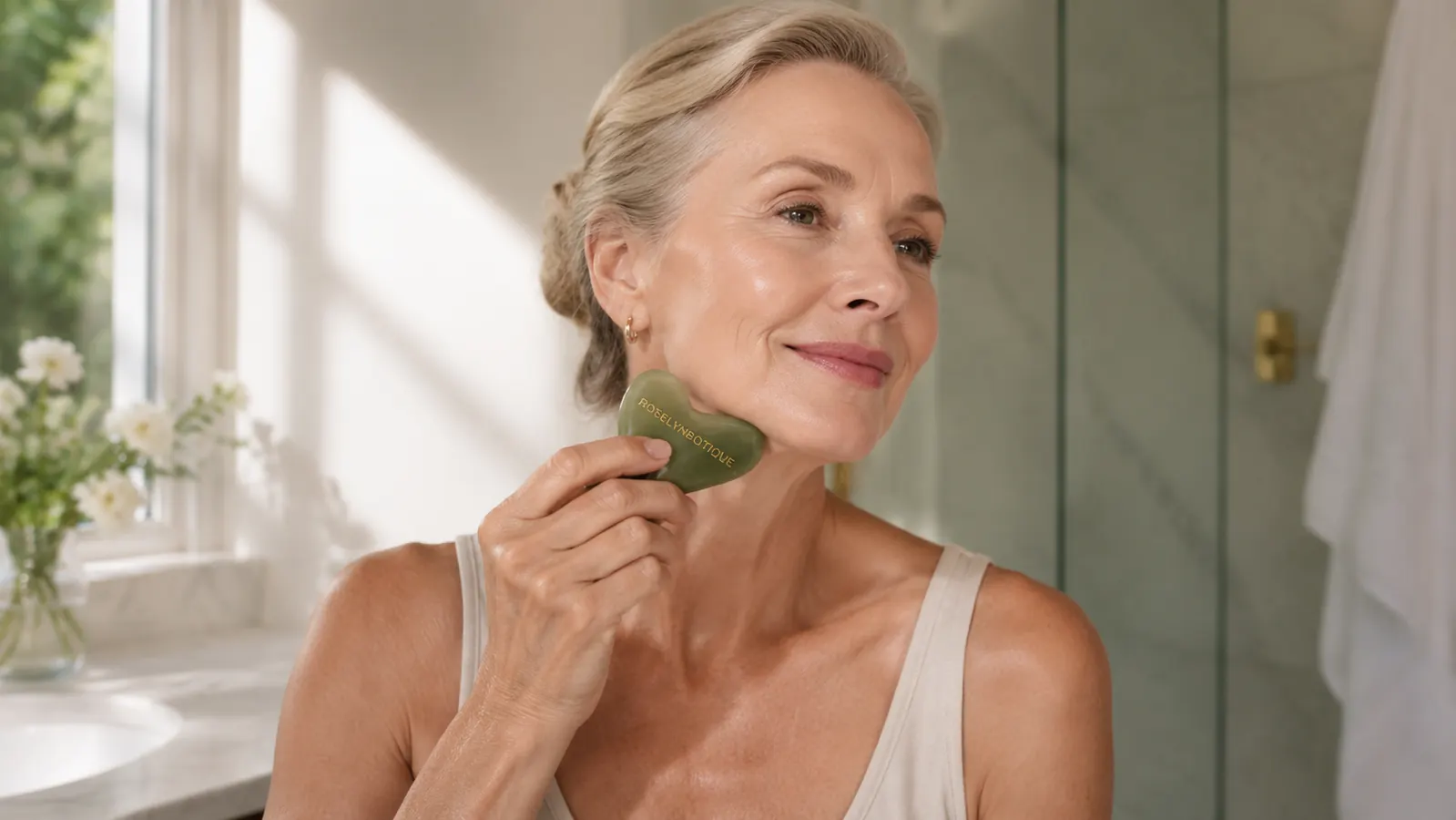Hands holding the ROSELYNBOUTIQUE green jade gua sha tool and jade roller side by side on a white linen surface