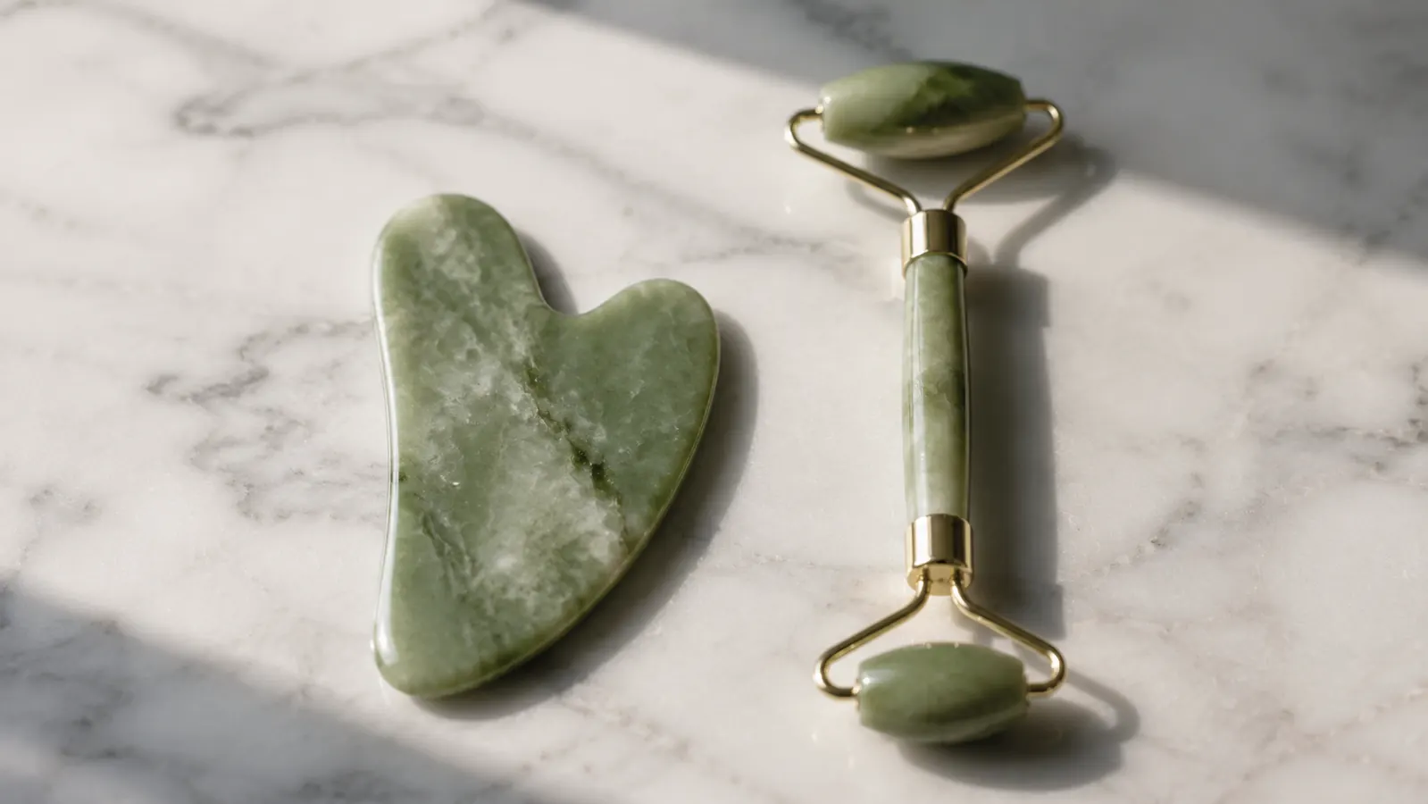 Gua sha stone and jade roller side by side on a white marble surface with a small bottle of facial oil