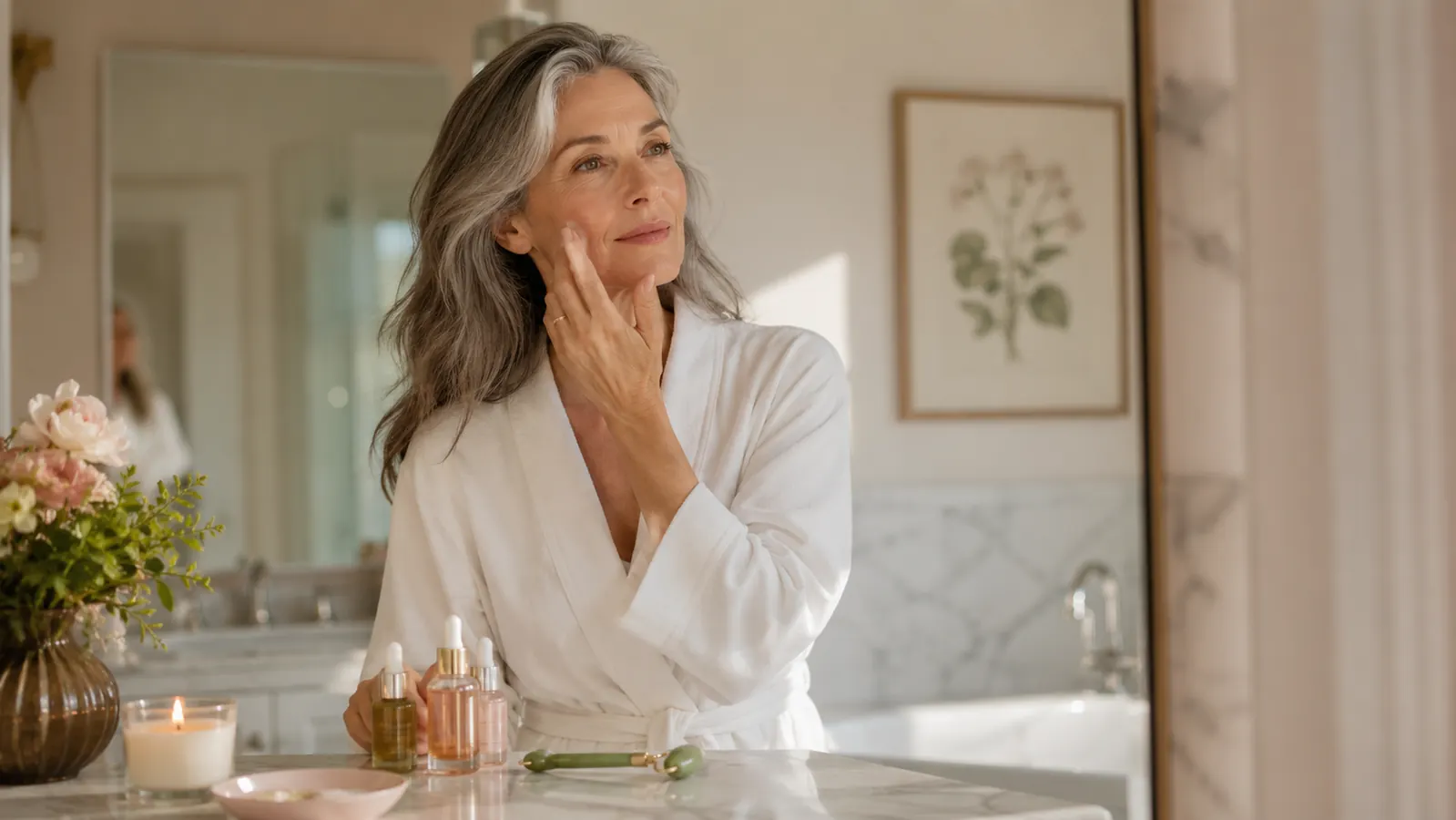 A morning skincare moment at a sunlit bathroom counter, real-skin texture, warm cream and coral tones