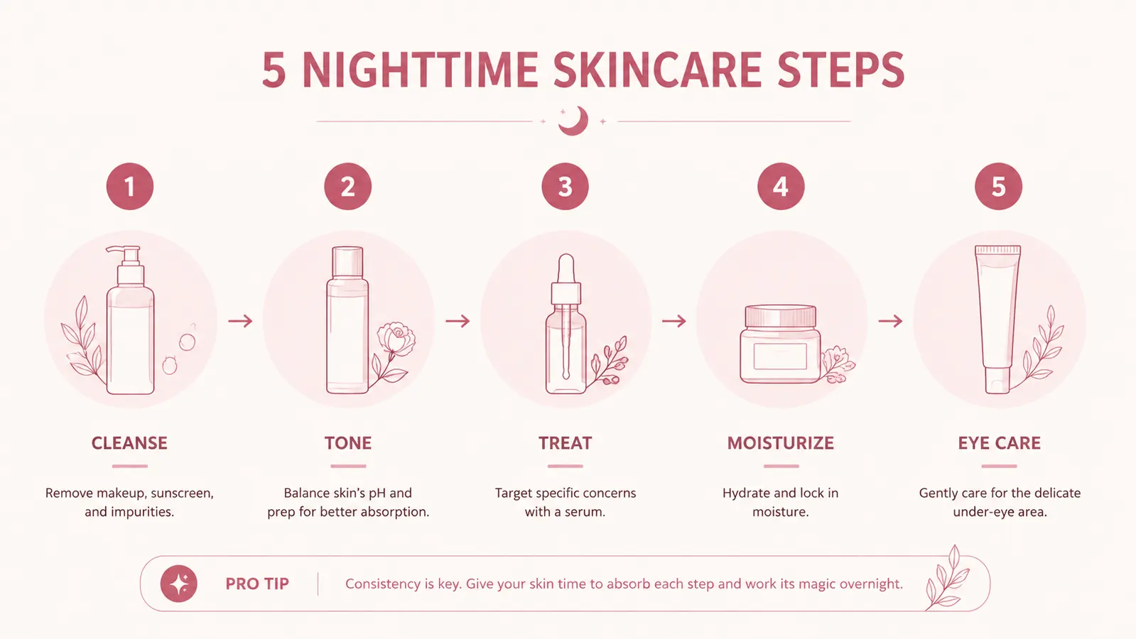Simple skincare routine order chart showing five steps: cleanse, tone, serum, retinol cream, facial oil, each with a small icon