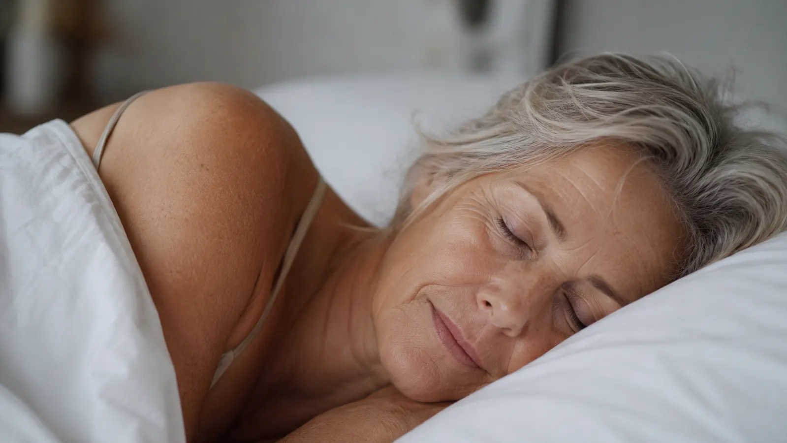 Woman in her 60s sleeping peacefully in white bedding, close-up on relaxed, moisturized skin