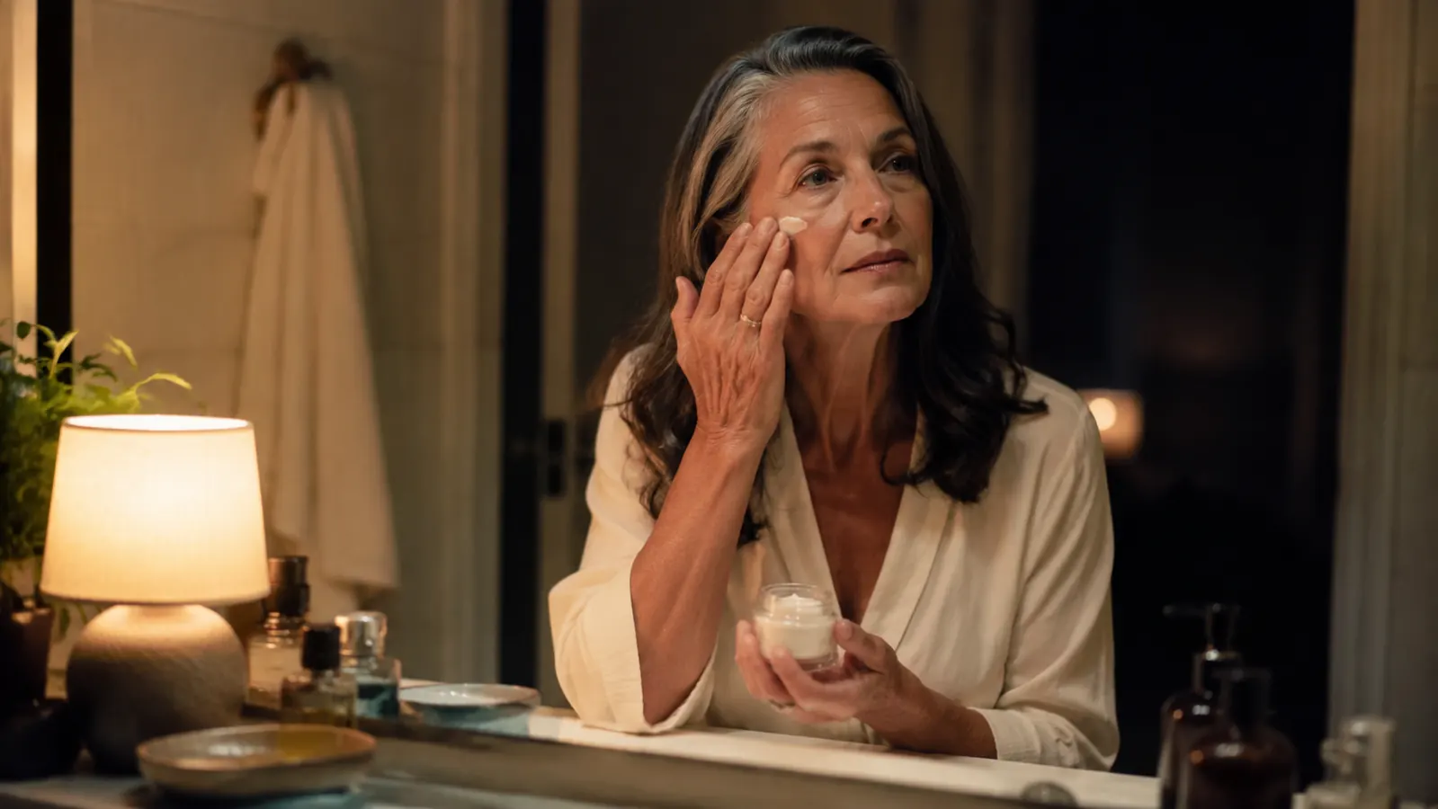 Woman in her late 50s at a bathroom vanity at night, applying moisturizer to her face by warm lamp light, looking calm and focused