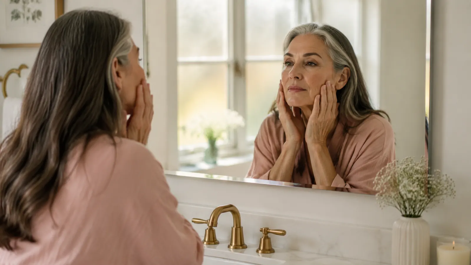 Woman in her 50s at a bathroom vanity examining her skin in a mirror, morning light, warm tones
