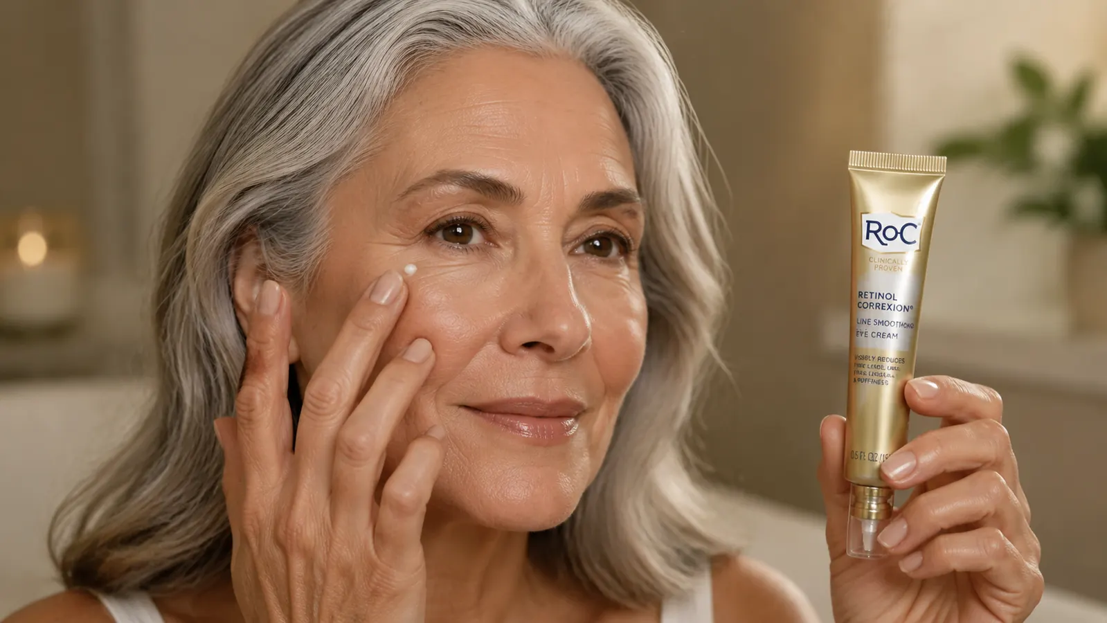 Small amount of RoC Retinol Correxion Under Eye Cream on a ring fingertip, ready to apply