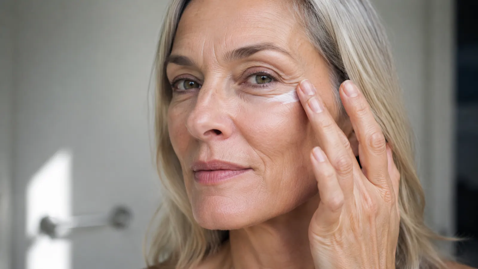 Woman applying sunscreen around the eye area over her morning skincare routine