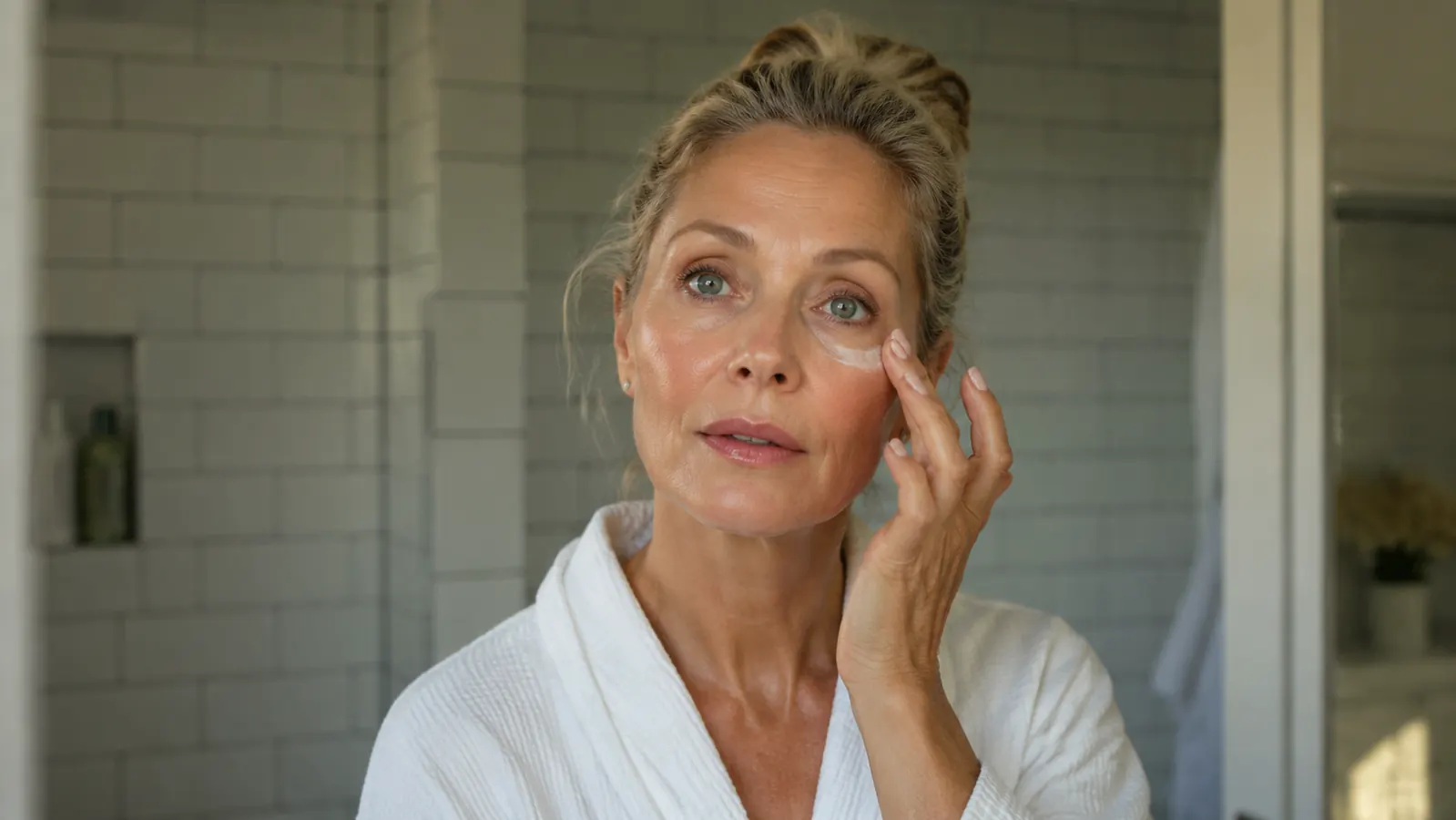 Woman gently applying eye cream to the under-eye area in soft morning light