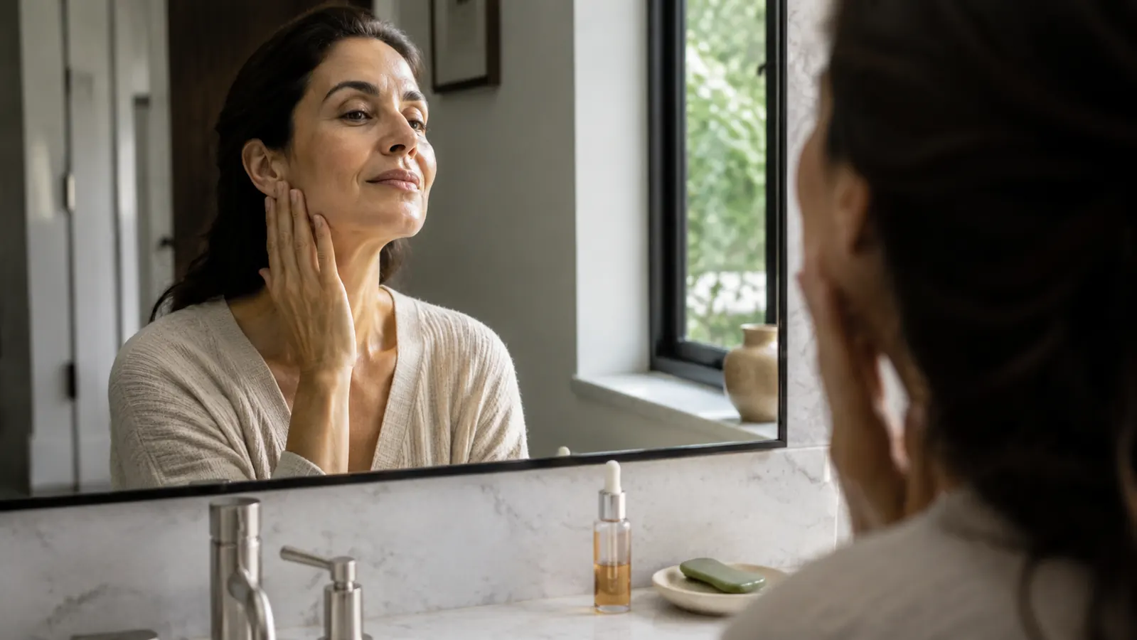 Woman in her 50s looking in a mirror with relaxed, lifted-looking skin, gua sha tool and face oil bottle visible on the counter beside her