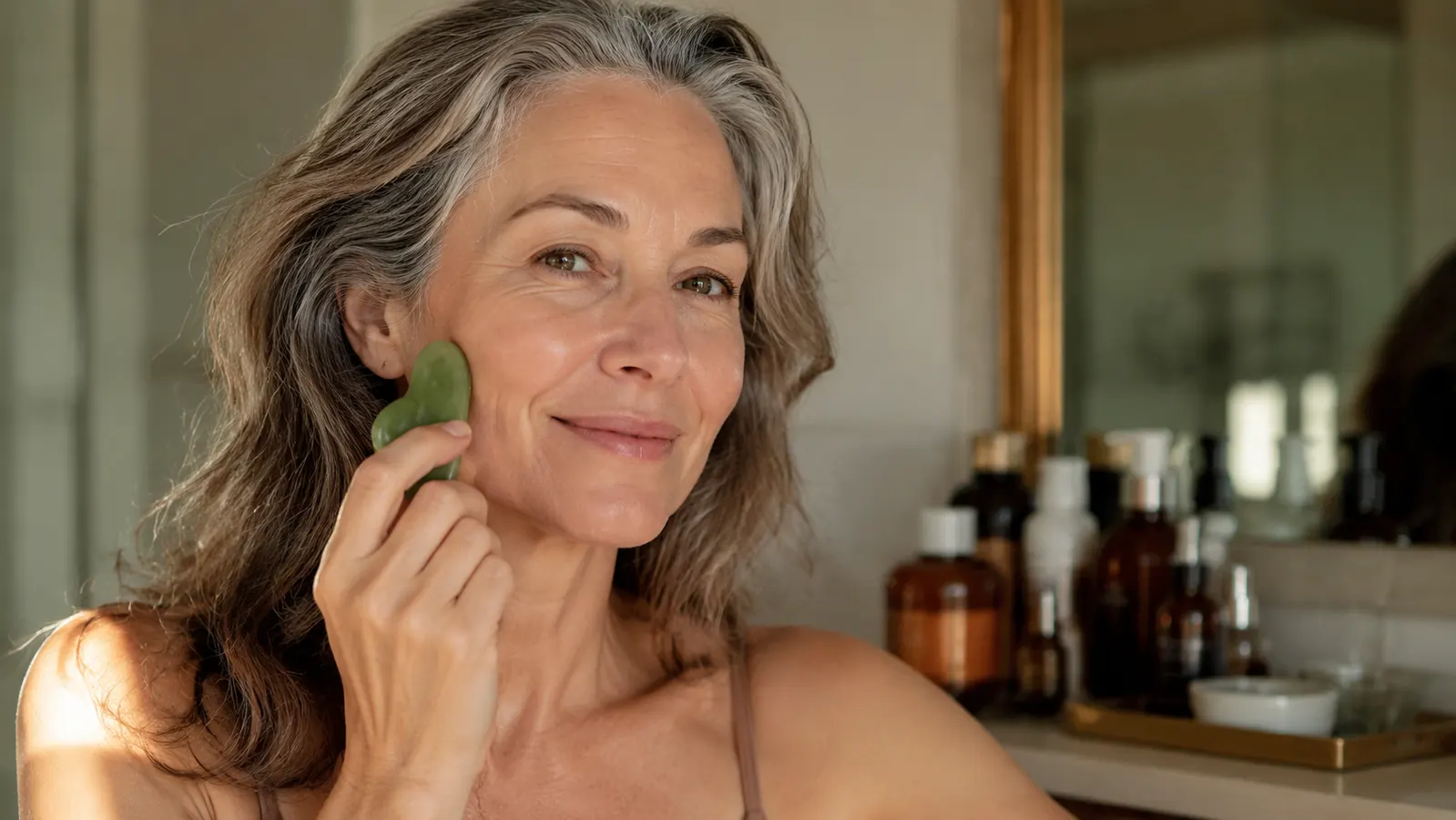 Woman in her 50s sitting at a vanity table, holding a green jade gua sha tool near her jawline with soft morning window light