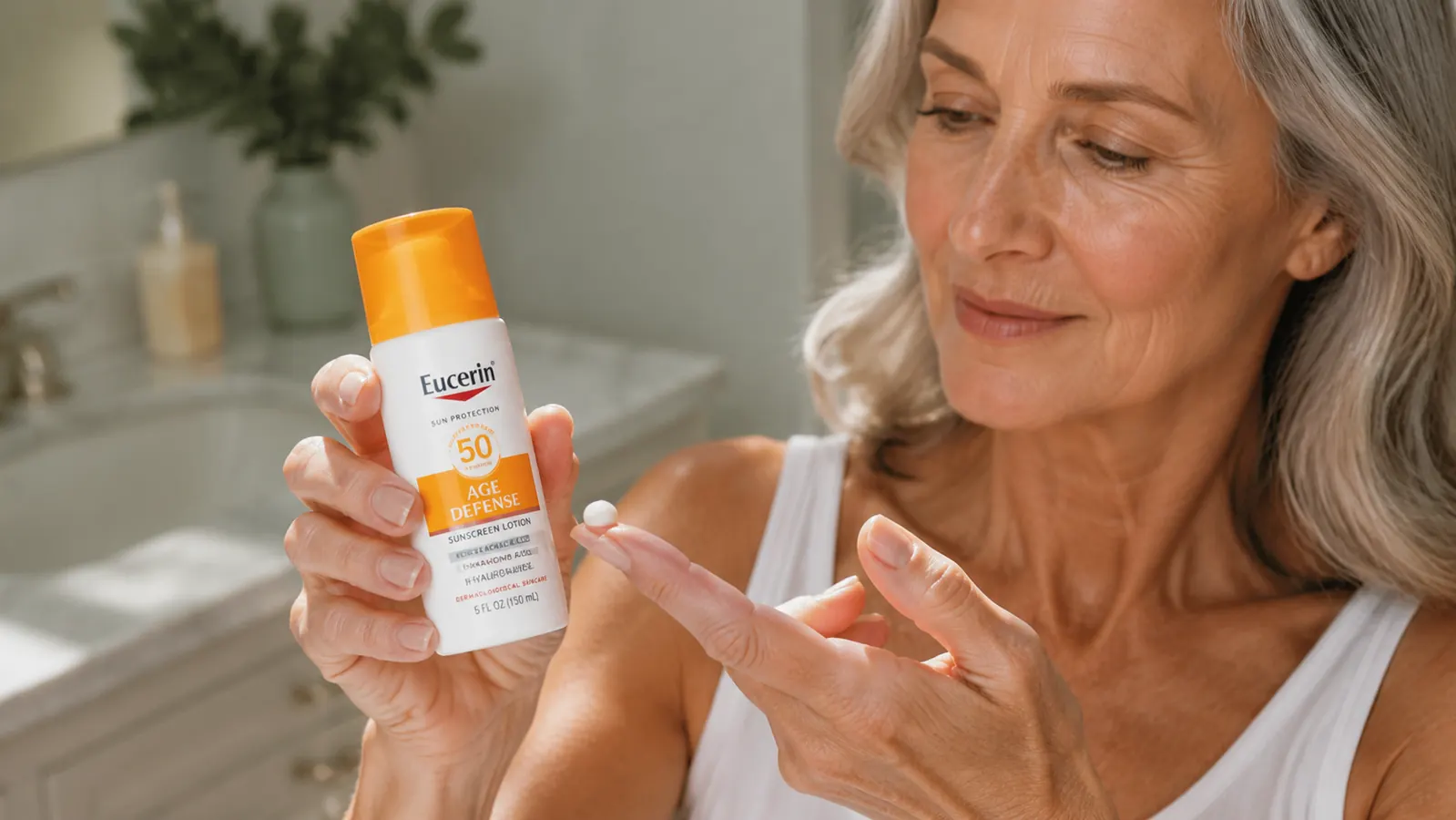 Eucerin Sun Age Defense SPF 50 bottle held in a woman's hand with fingertip dab of lotion visible