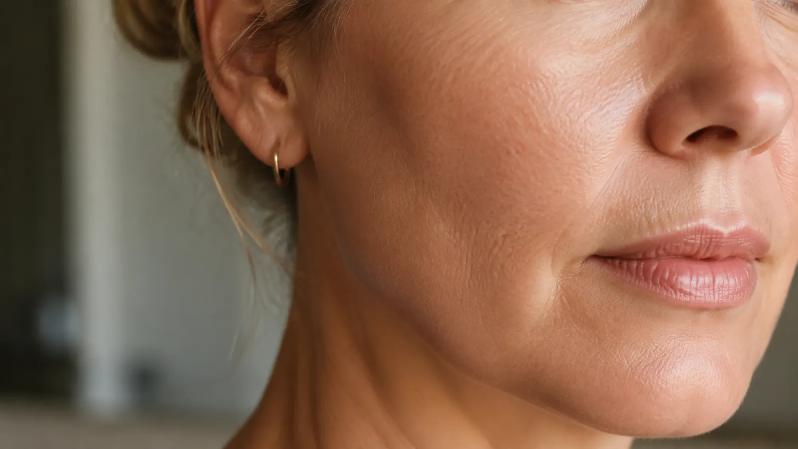 Close-up of a woman's cheekbone showing smooth skin with no white residue after sunscreen application