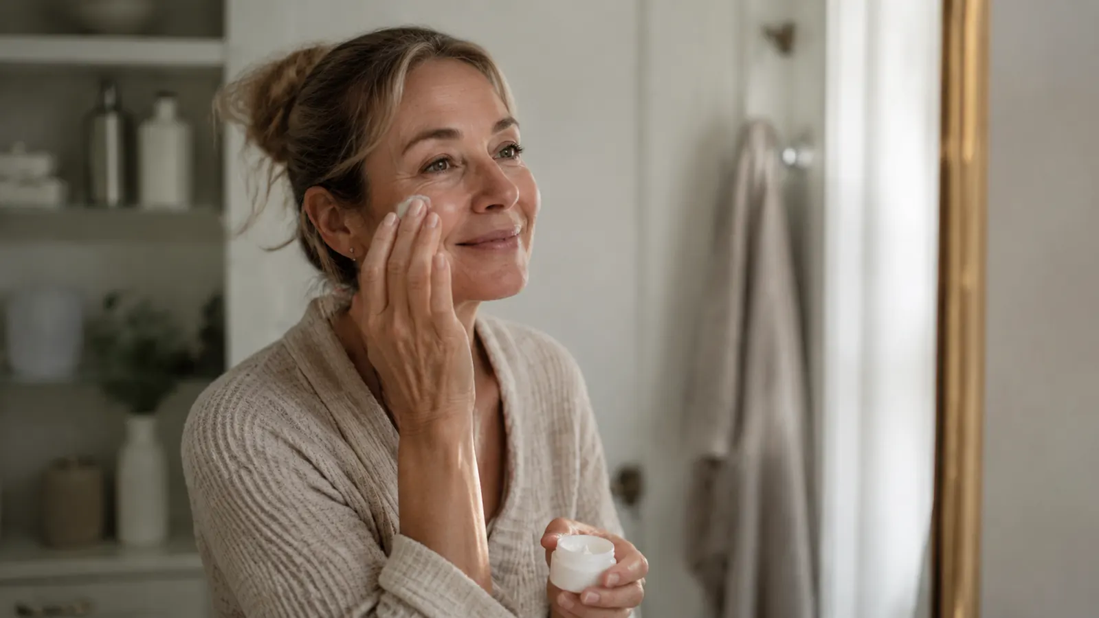 Woman over 50 applying sunscreen to her face in soft morning bathroom light, clean sink and skincare bottles in background