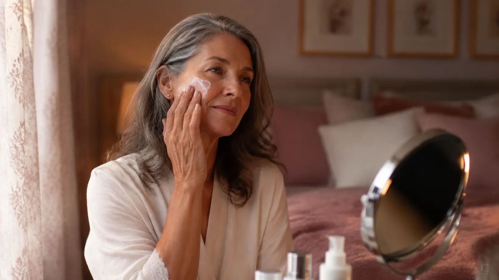 Woman in her late fifties sitting at a vanity table in soft morning light, applying face cream with gentle upward strokes