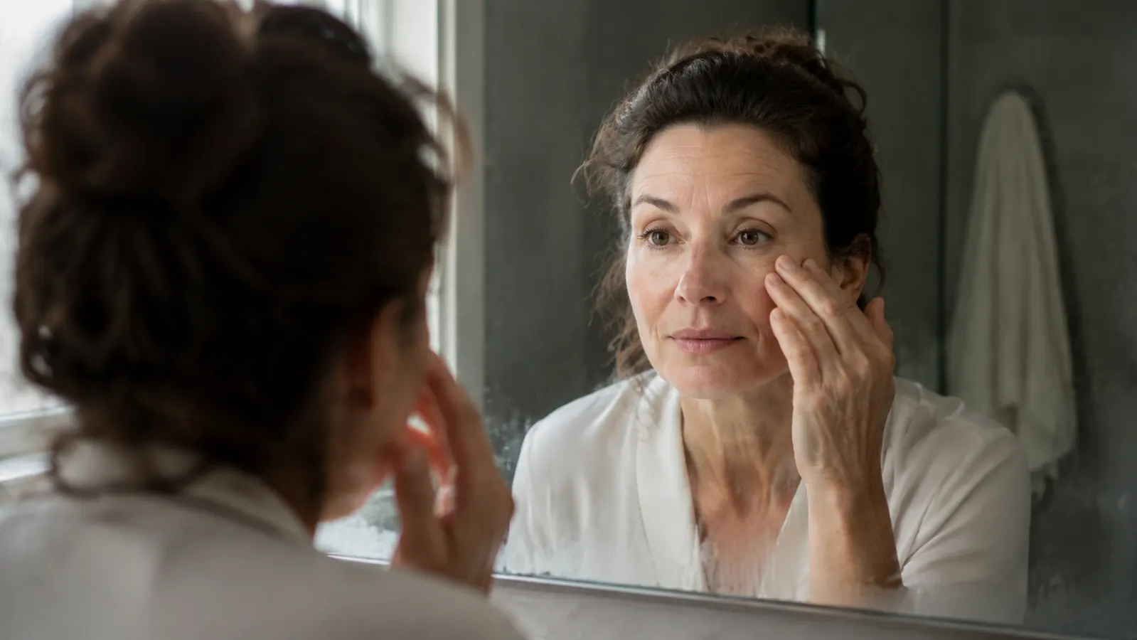 Woman patting moisturizer under her eyes at a bathroom mirror, morning light from a side window