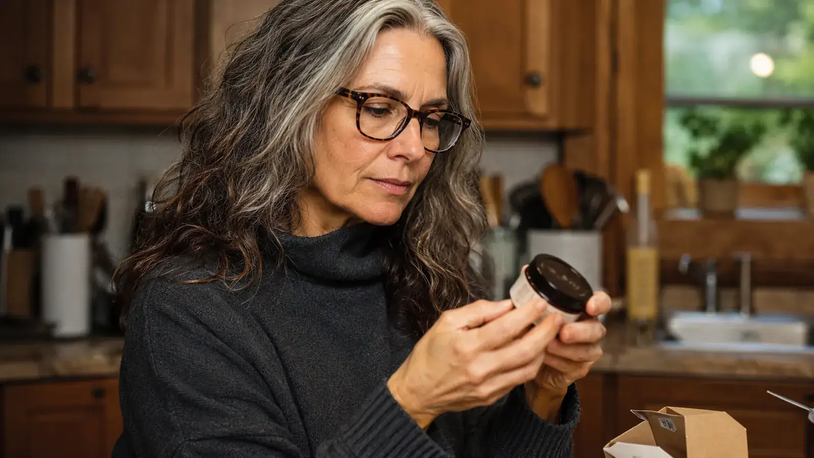 Woman in her late fifties reading the back label of a skincare jar under kitchen light