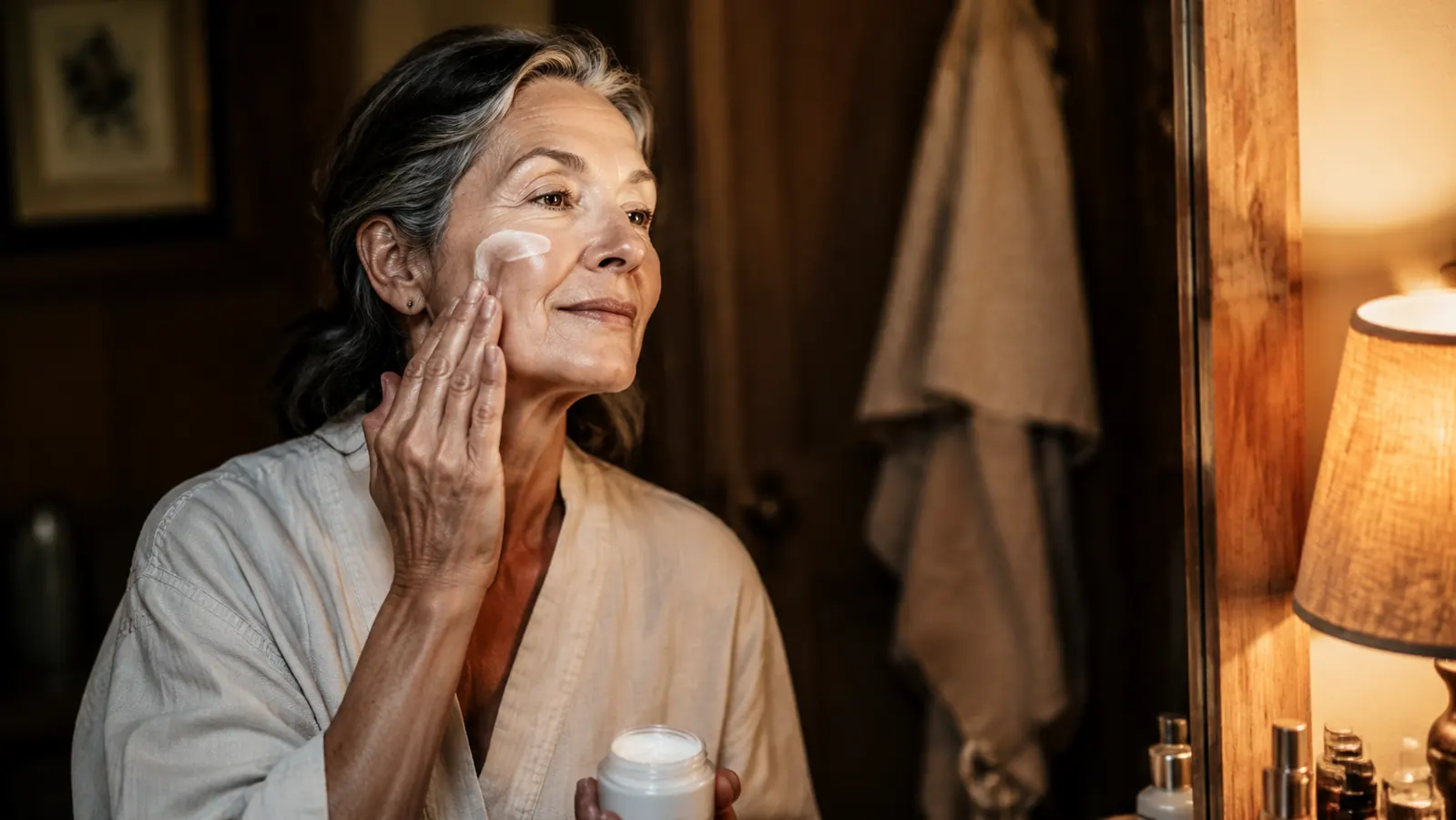 Woman in her early sixties applying night cream at a bathroom vanity with warm lamp light