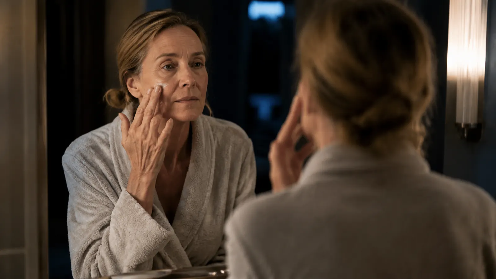 Woman in her late fifties applying night cream to her cheek in a bathroom mirror at bedtime