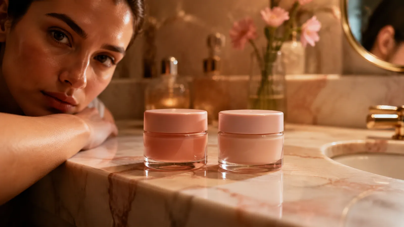 Two retinol night cream jars on a marble bathroom counter under warm vanity lighting