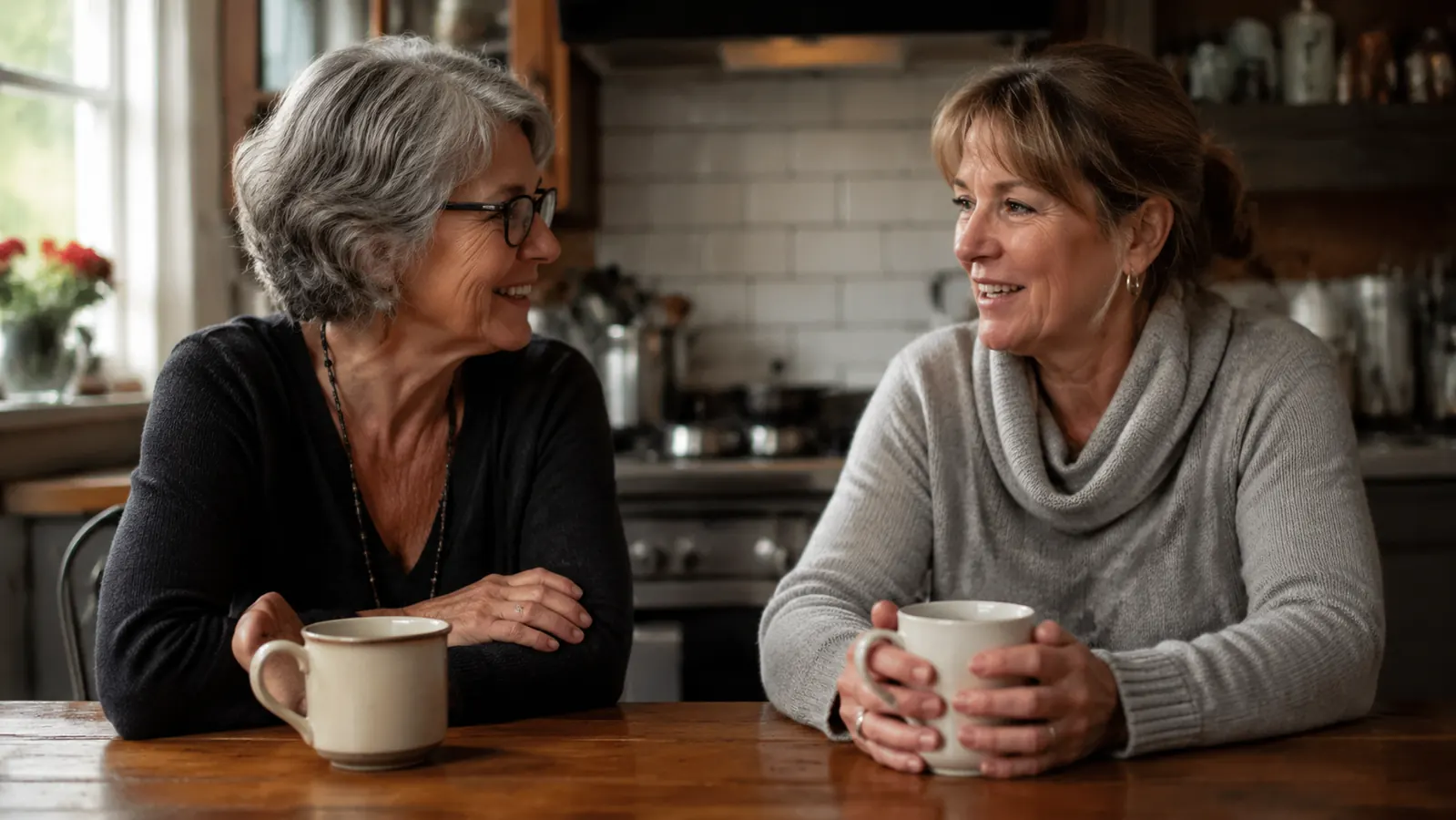 Two women in their fifties sharing coffee at a kitchen table, relaxed and smiling, bright natural light