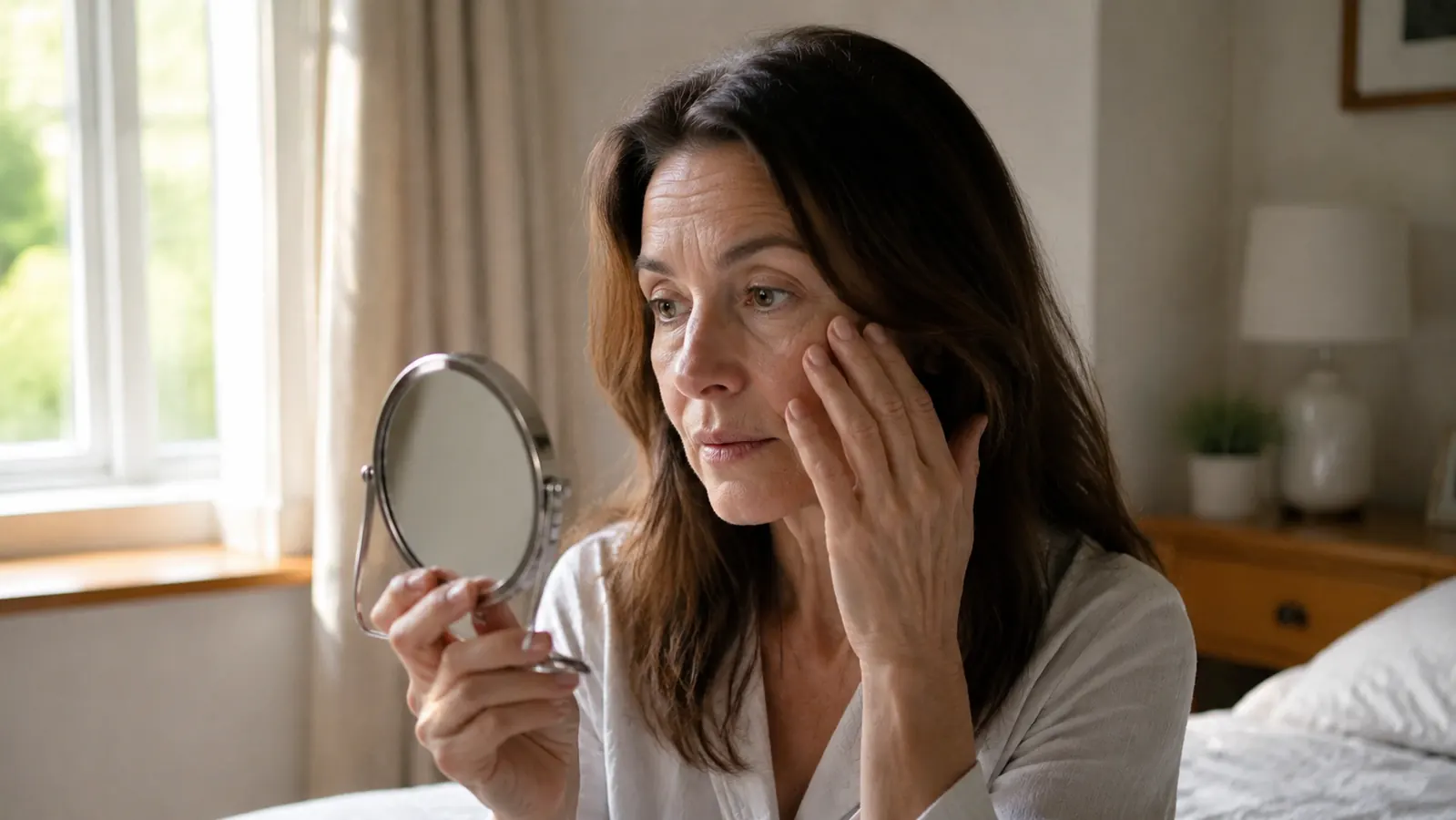 Woman in her mid-fifties sitting by a bright window, looking thoughtfully into a hand mirror at her under-eye area, soft morning light