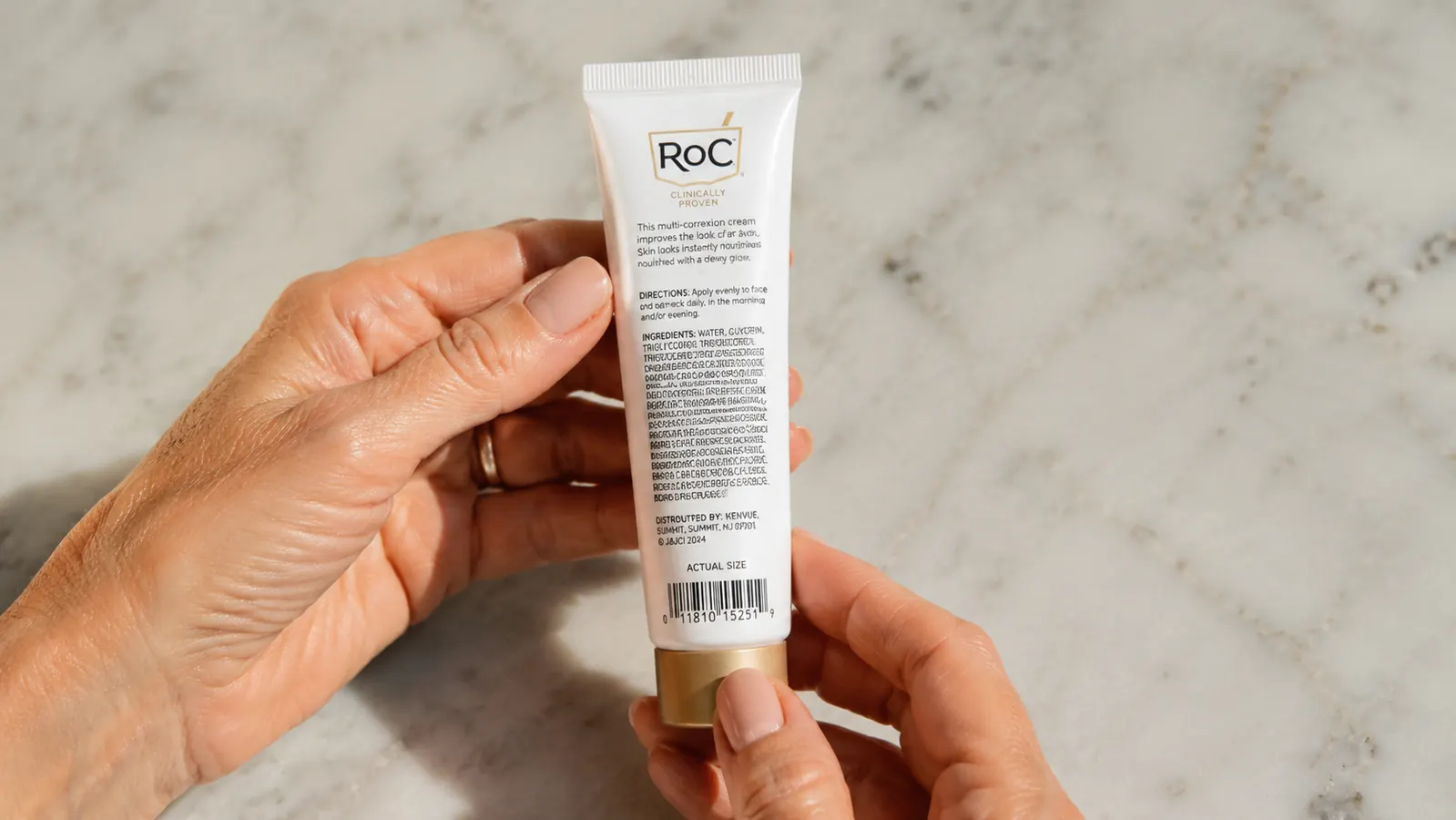 Close-up of the back label of the RoC Retinol Correxion Under Eye Cream showing the ingredient list and usage instructions