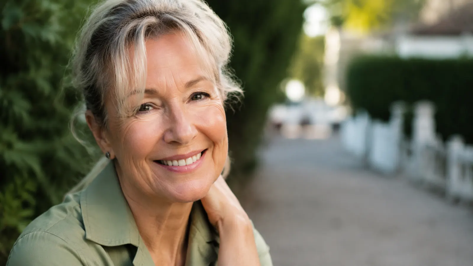 Mature woman smiling outdoors with visibly smooth skin around the eye area, natural daylight
