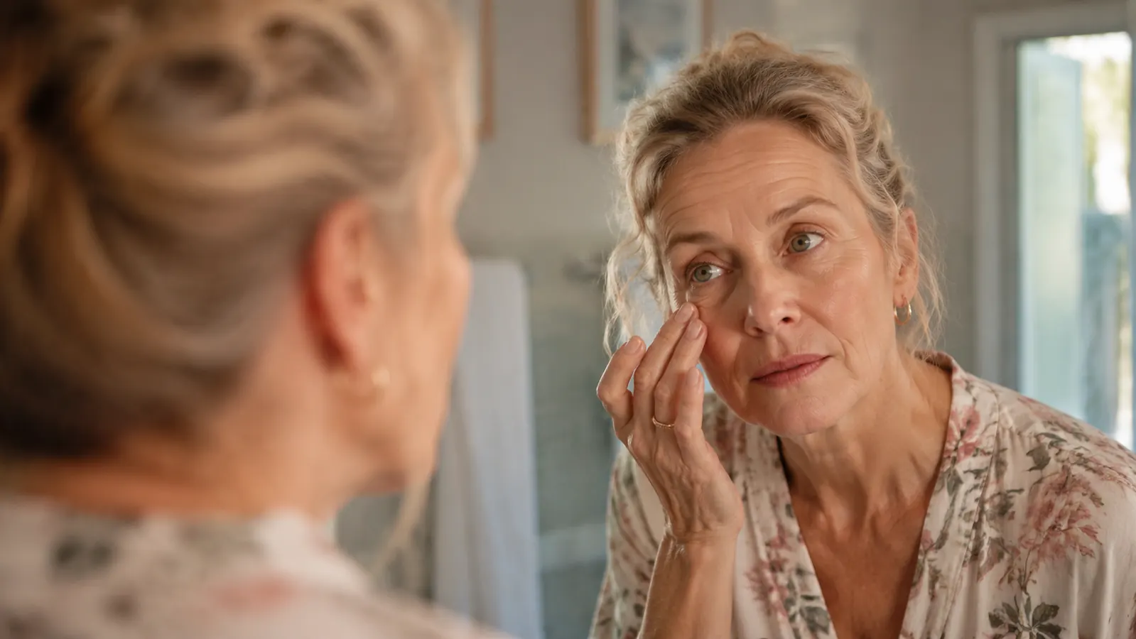 Woman in her late 50s sitting at a bathroom mirror with good morning light, examining her under-eye area with a thoughtful expression