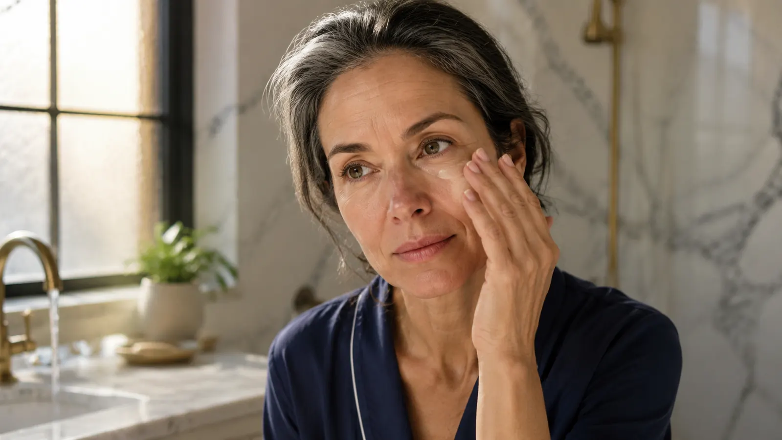 Woman in her early fifties applying eye cream in a sunlit bathroom mirror, looking calm and refreshed