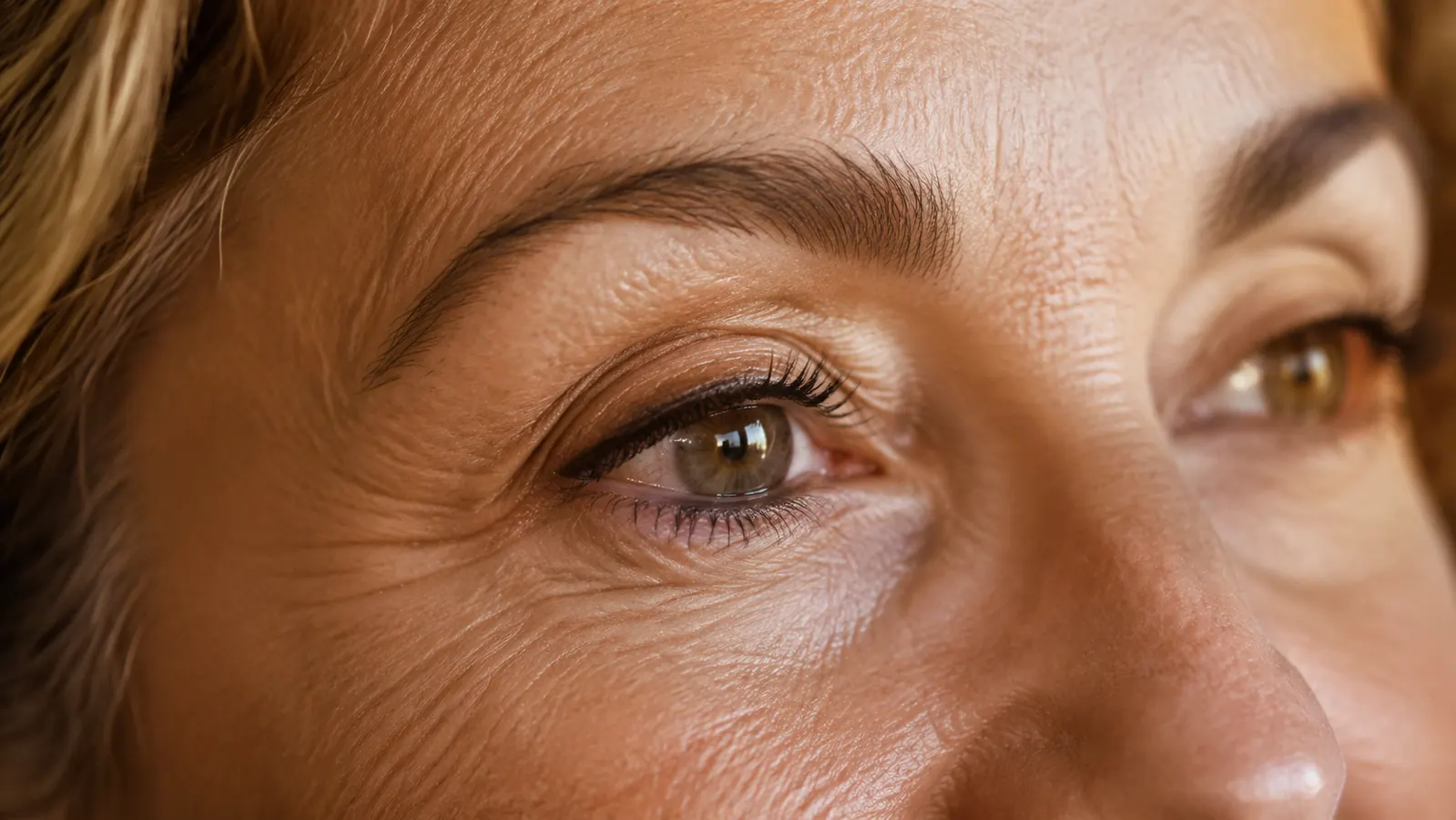 Close-up portrait showing the eye area of a woman in her fifties with smooth, well-cared-for skin