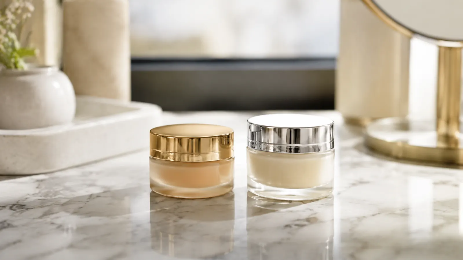 Two small eye cream jars on a white marble surface in soft morning window light