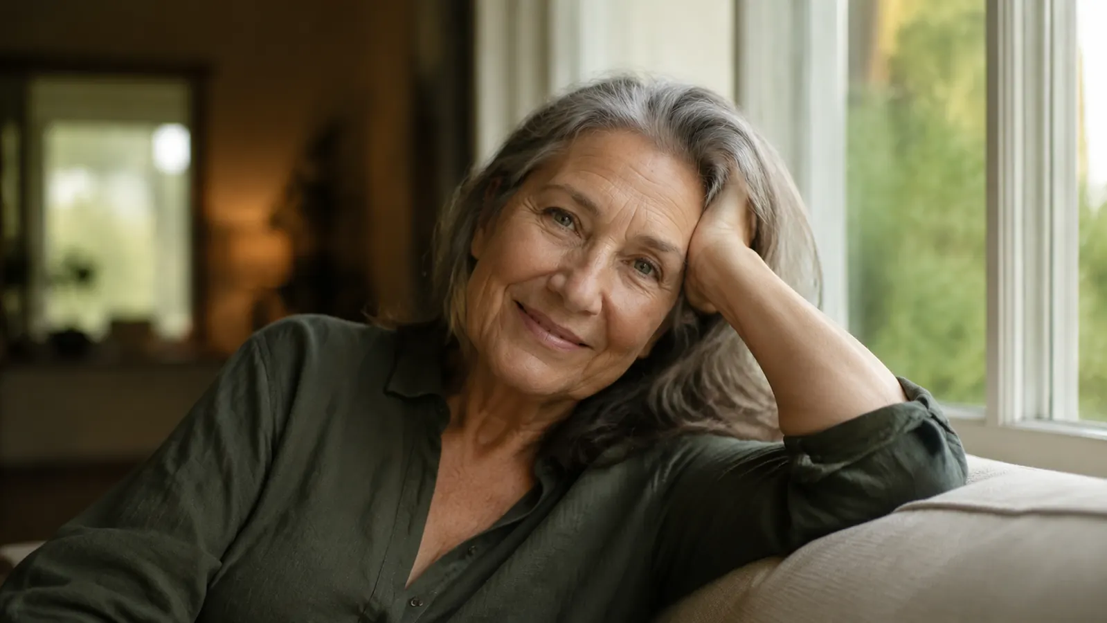 Mature woman with healthy, even-toned skin smiling at a window, natural daylight, minimal makeup
