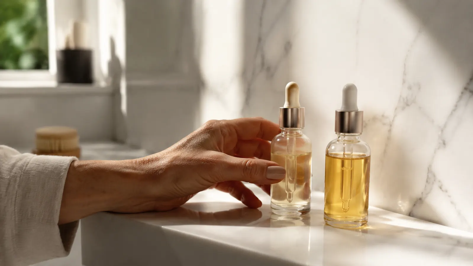 Two retinol serums on a white bathroom shelf with soft morning light and a woman's hand reaching for one